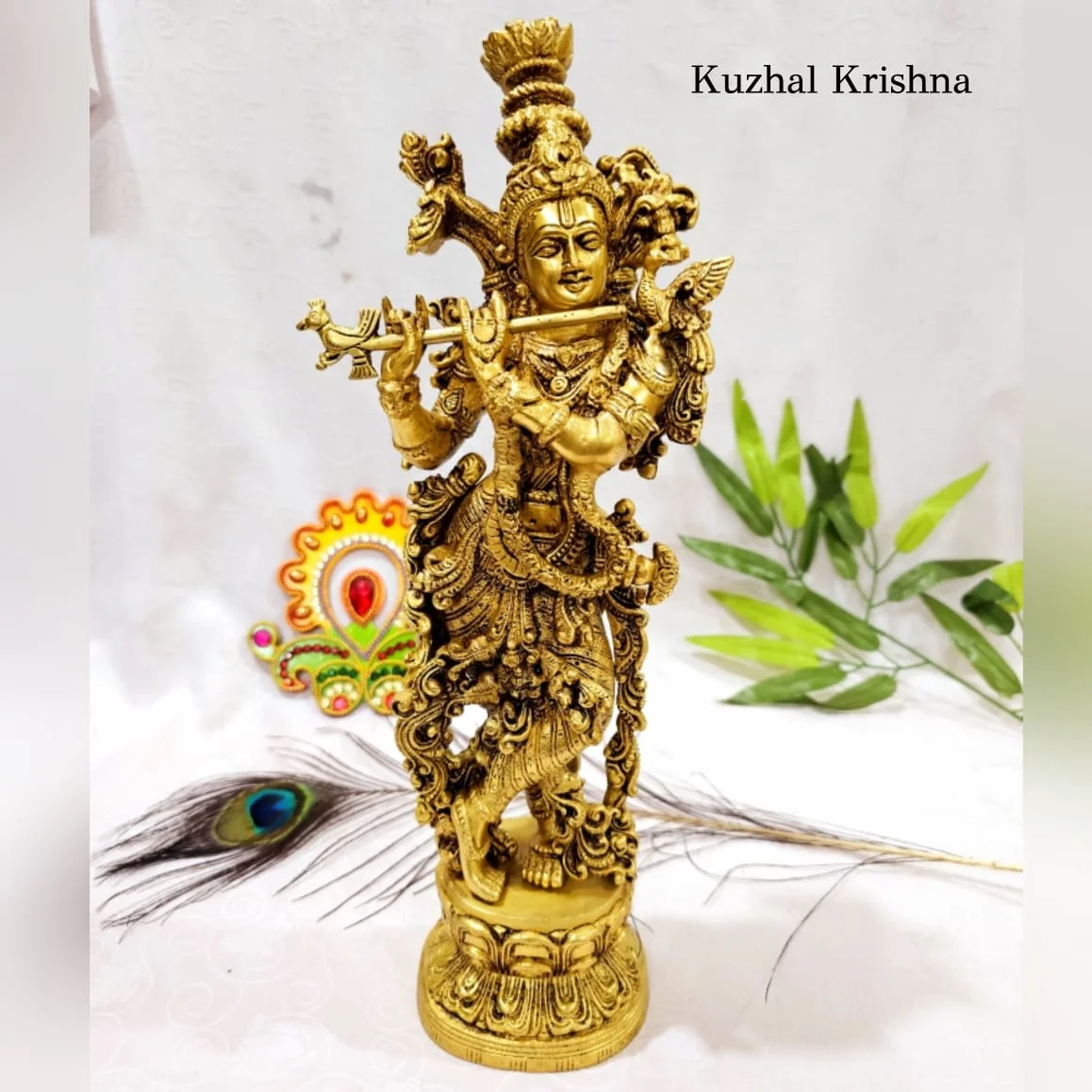 Peacock Kuzhal Krishna statue Brass Antique Finish Krishna Brass Sculpture - image 1