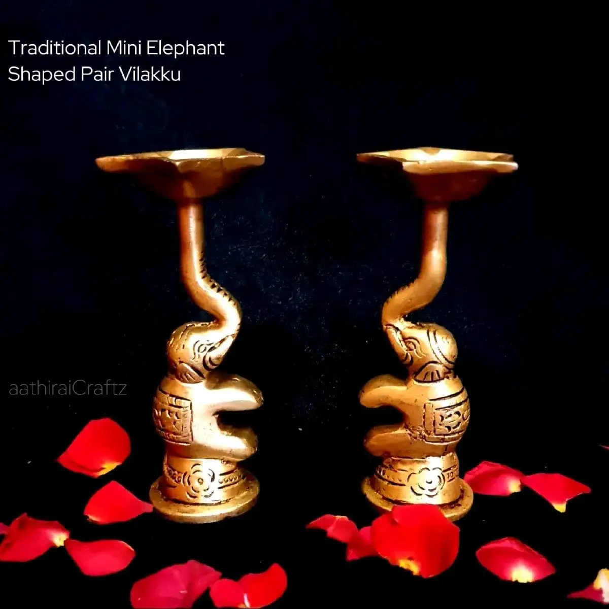 Traditional Mini Elephant Shaped Pair Vilakku / Lamp Brass Antique Finish - image 1
