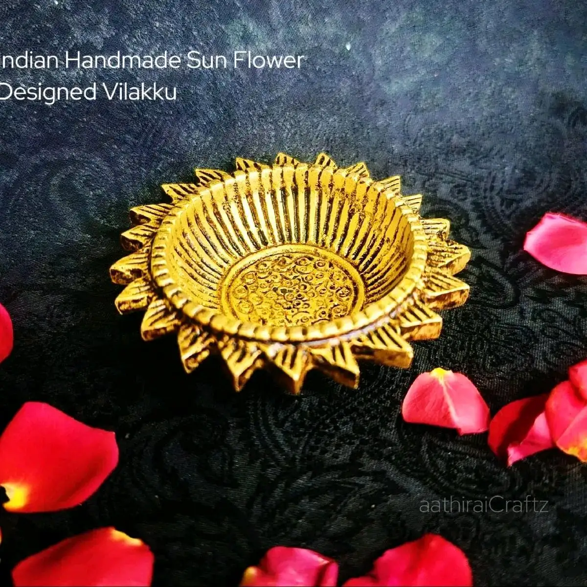 Indian Handmade Sun Flower Designed Vilakku / Lamp Brass Antique Finish - image 1