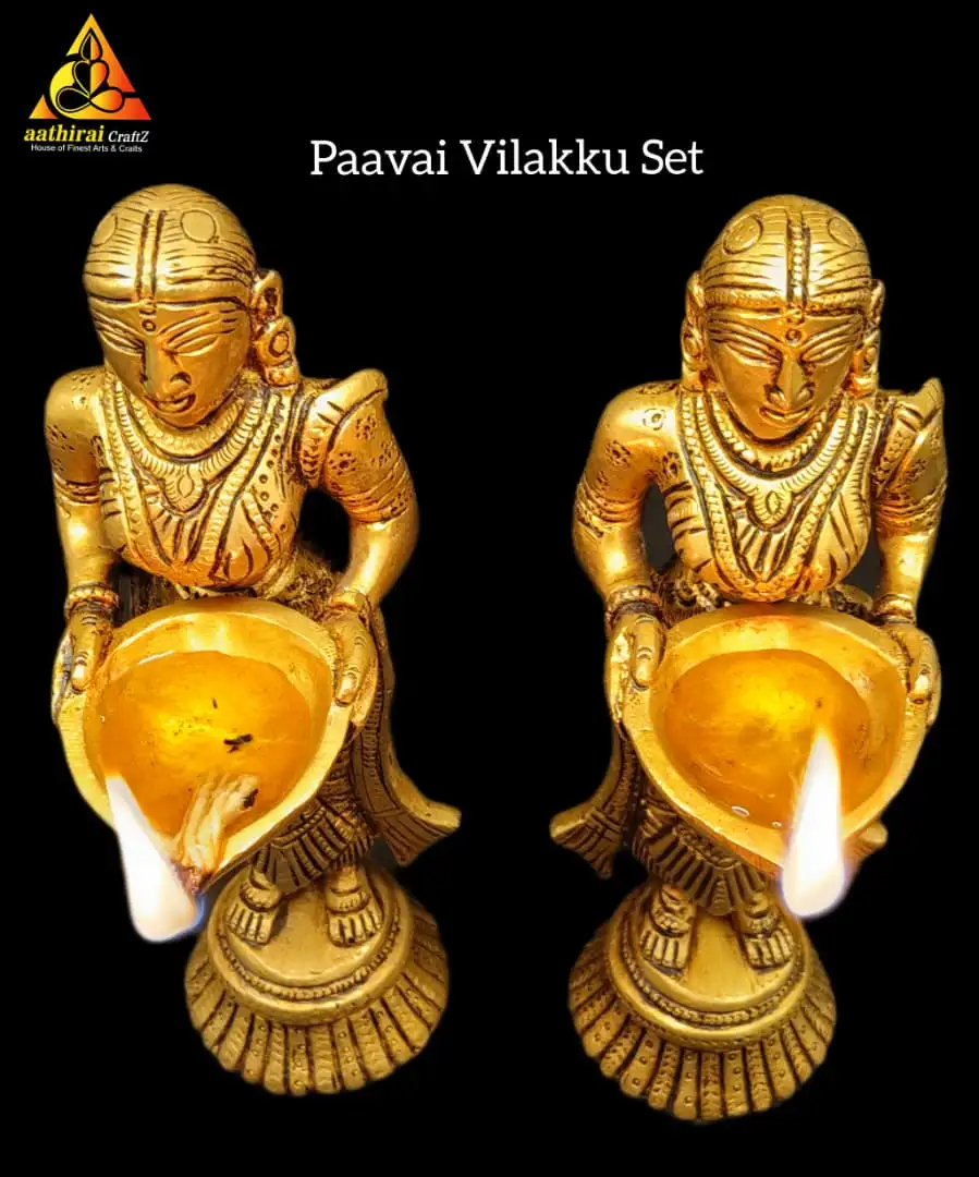 Paavai Vilakku / Lady with Diya Idol set Brass Antique Finish - image 2