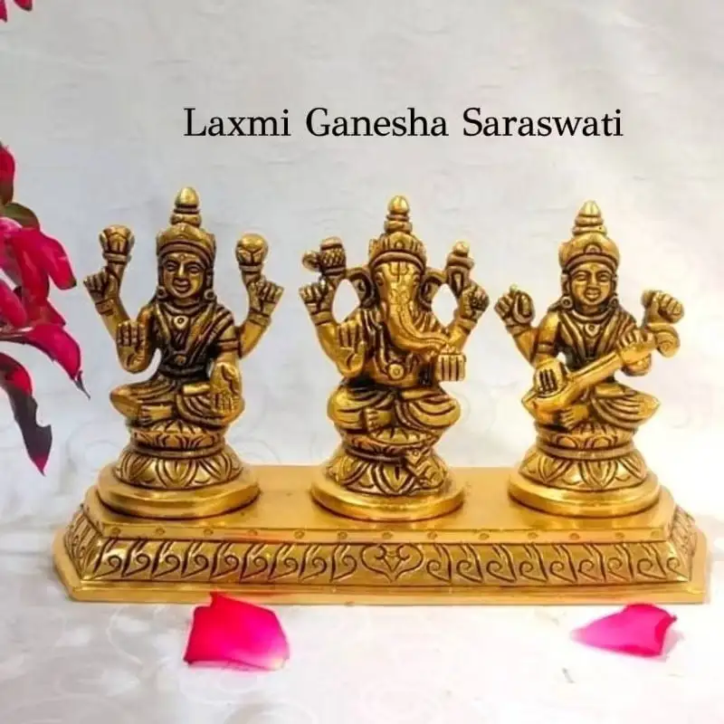 Laxmi Ganesha Saraswati in Peedam - Set 3 in 1 Brass Antique Finish - image 1