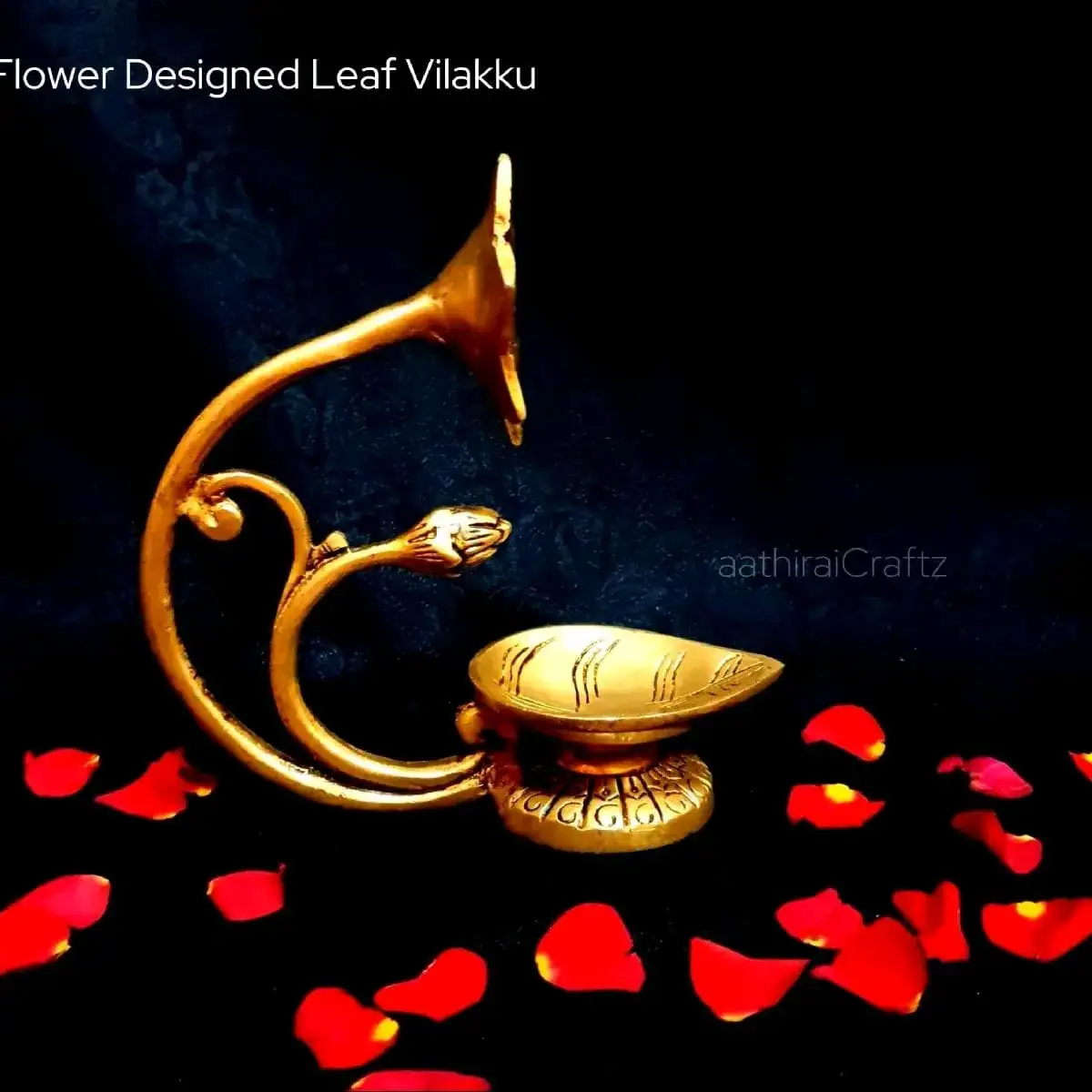 Flower Designed Leaf Vilakku / Lamp Brass Antique Finish - image 2