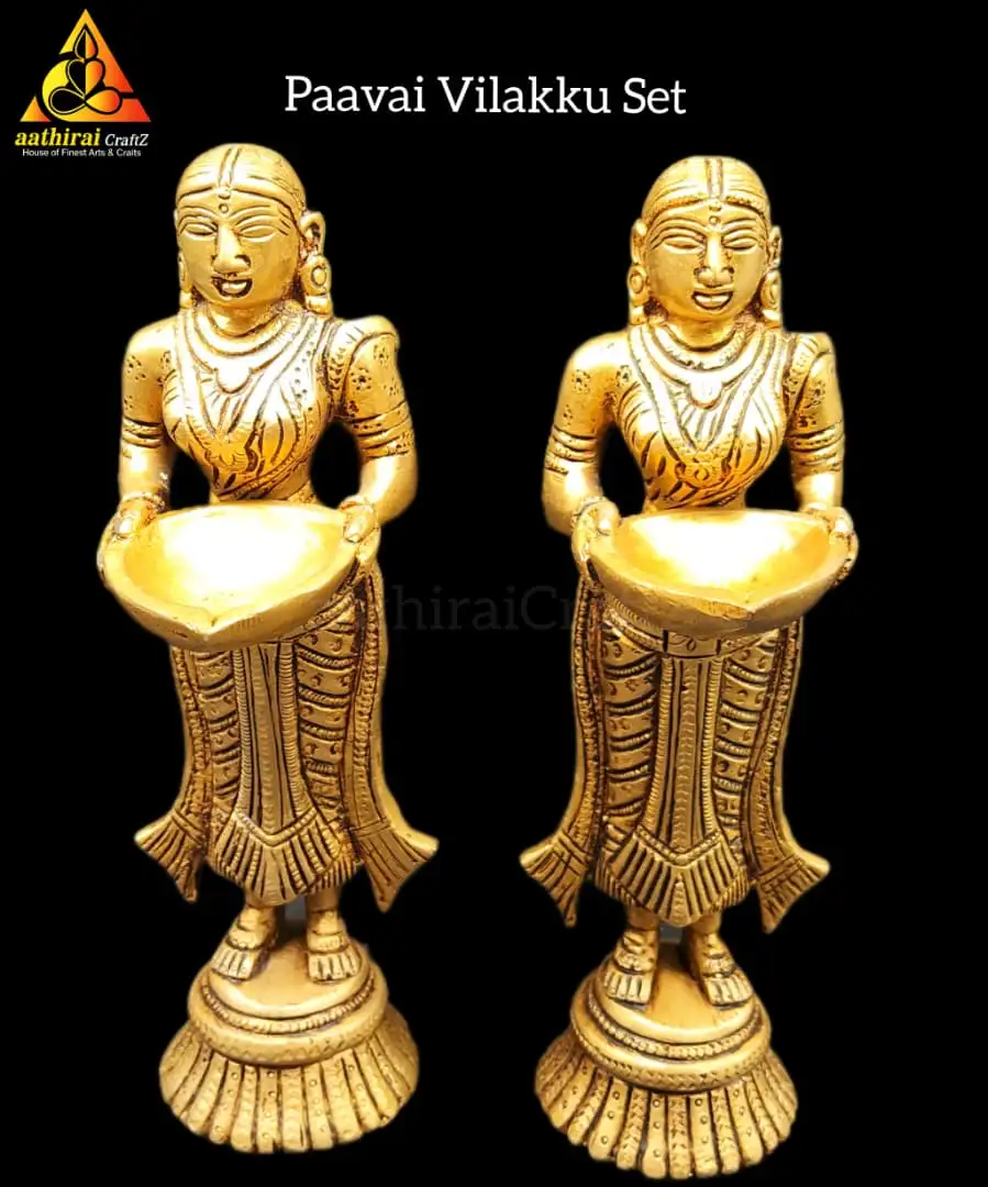 Paavai Vilakku / Lady with Diya Idol set Brass Antique Finish - image 1