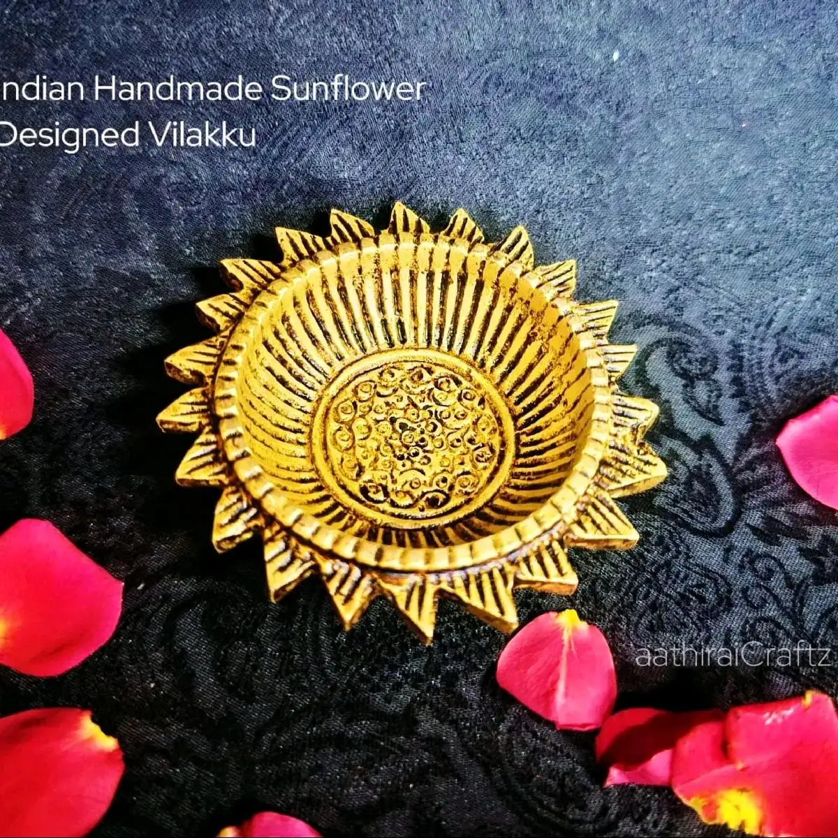 Indian Handmade Sun Flower Designed Vilakku / Lamp Brass Antique Finish - image 2