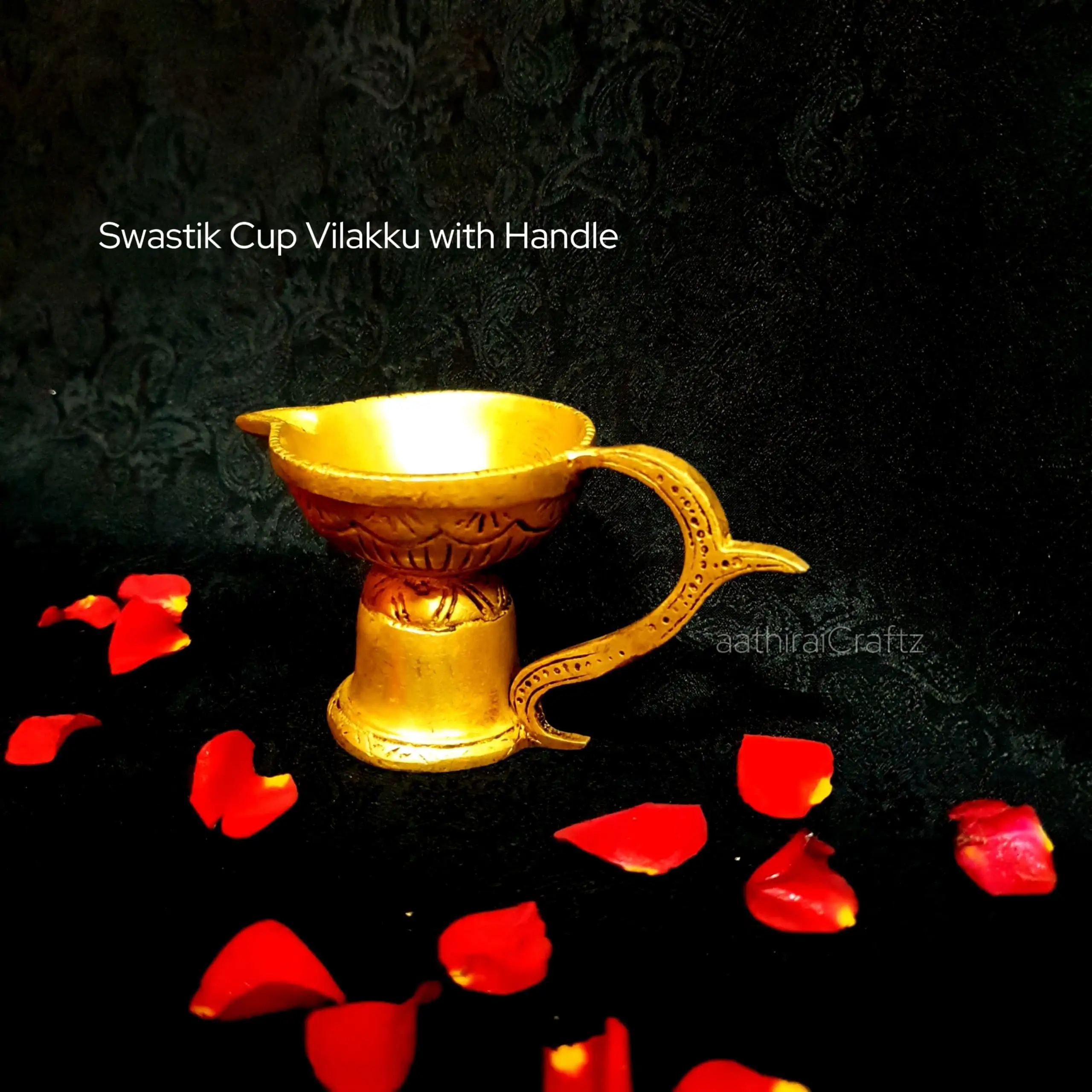 Swastik Agal Vilakku with Handle Brass Gold Antique Finish - image 1