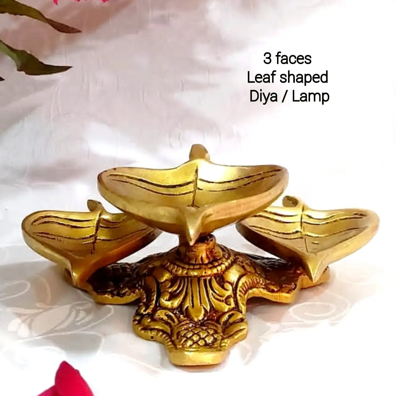 3 Faces Leaf shaped Diya / Lamp Brass Antique Finish - image 1