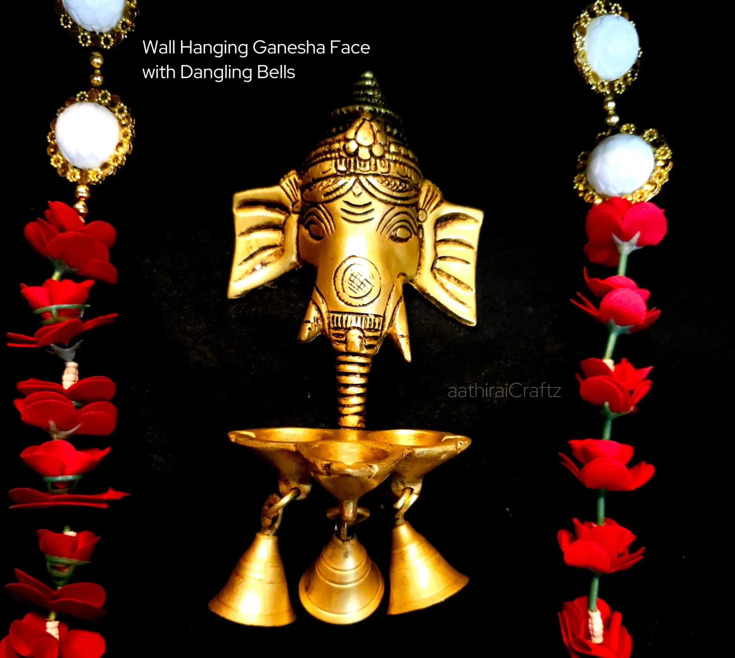 Wall Hanging Ganesha Face with Dangling Bells Brass - image 1