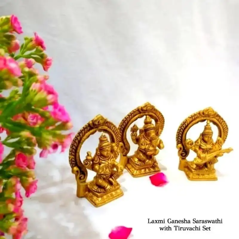 Laxmi Ganesha Saraswati with Thiruvaachi - Set 3 in 1 Brass Antique Finish - image 2
