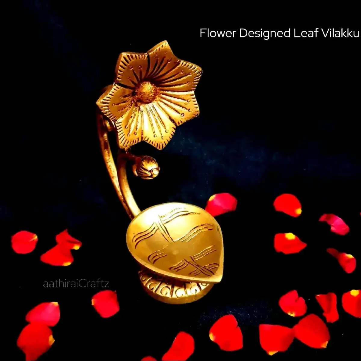 Flower Designed Leaf Vilakku / Lamp Brass Antique Finish - image 1